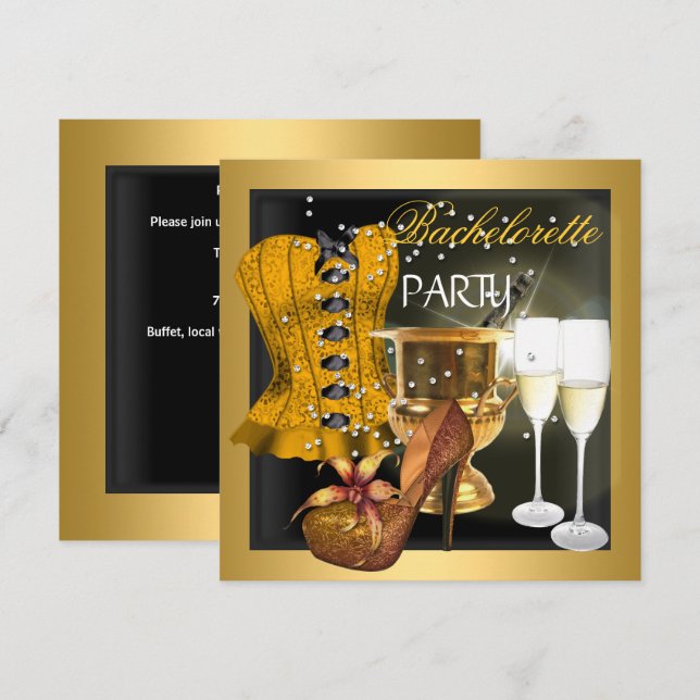 Junggeselinnen-Abschied Gold Black Corset Shoes Einladung (Vorne/Hinten)