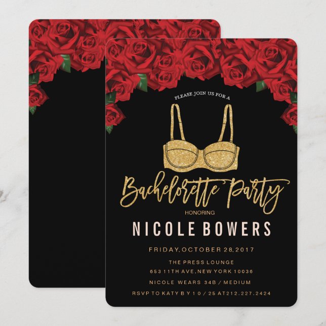 Junggeselinnen-Abschied Gold Bra Rote Rosen Einlad Einladung (Vorne/Hinten)