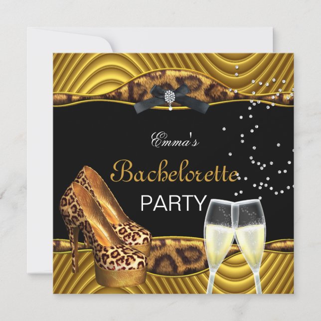 Junggeselinnen-Abschied Gold Leopard Black Shoes 2 Einladung (Vorderseite)