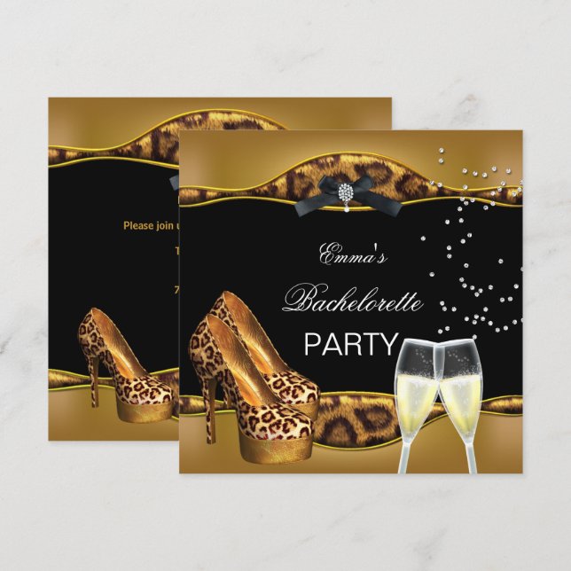 Junggeselinnen-Abschied Gold Leopard Black Shoes Einladung (Vorne/Hinten)