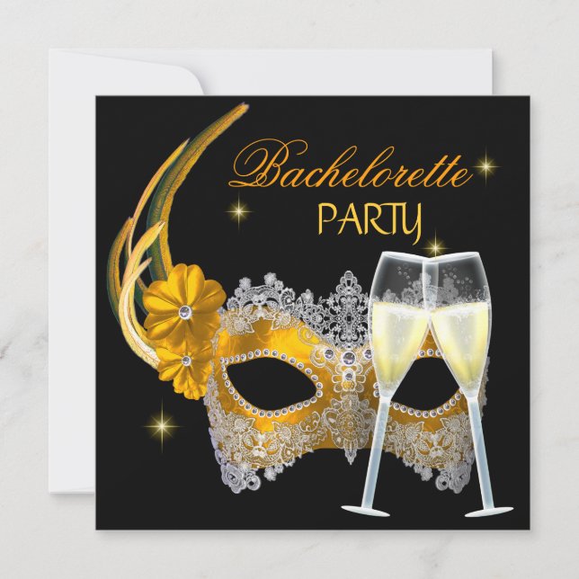 Junggeselinnen-Abschied Gold Mask Champagne Black Einladung (Vorderseite)