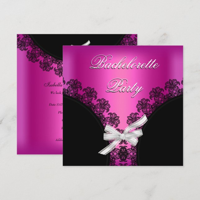 Junggeselinnen-Abschied Hot Pink Black Lace Einladung (Vorne/Hinten)