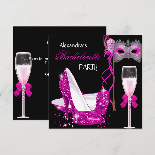 Junggeselinnen-Abschied Hot Pink Masquerade Champa Einladung (Vorne/Hinten)