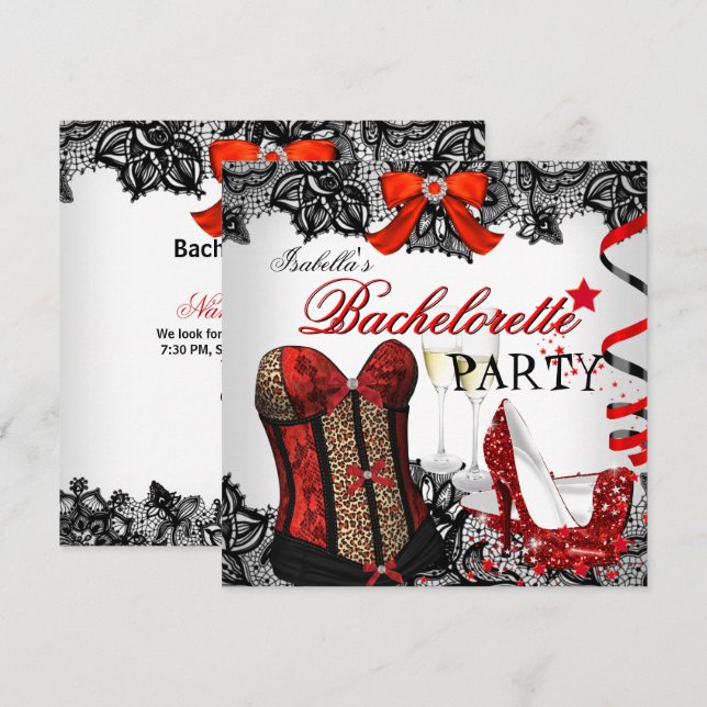 Junggeselinnen-Abschied Lace Red Corset Champagne Einladung (Vorne/Hinten)