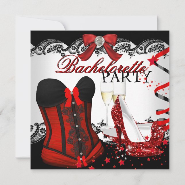 Junggeselinnen-Abschied Lace Red Corset High Heels Einladung (Vorderseite)