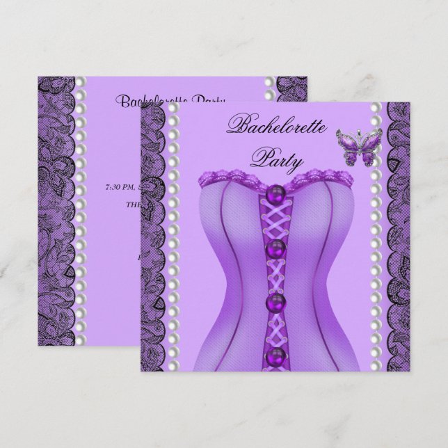 Junggeselinnen-Abschied Lila Lilac Corset Butterfl Einladung (Vorne/Hinten)