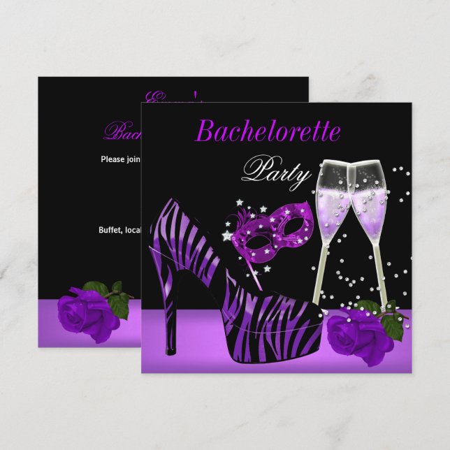 Junggeselinnen-Abschied Lila Mask Shoes Champagne  Einladung (Vorne/Hinten)