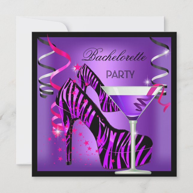 Junggeselinnen-Abschied Lila Pink Zebra Cocktail Einladung (Vorderseite)