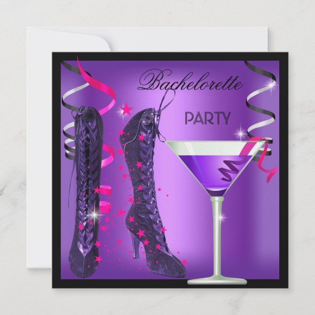 Junggeselinnen-Abschied Lila Rosa Stiefel Cocktail Einladung (Vorderseite)