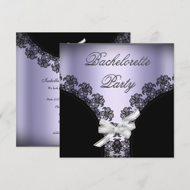 Junggeselinnen-Abschied Lilac Lila Black Lace Einladung (Vorne/Hinten)