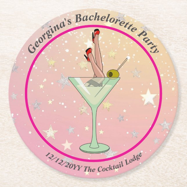 Junggeselinnen-Abschied Martini Glass Legs Stilett Runder Pappuntersetzer (Vorderseite)