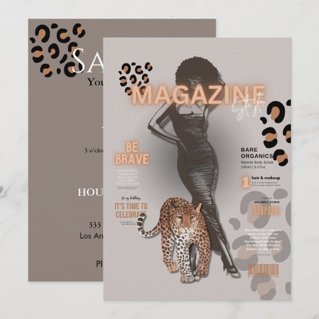 Junggeselinnen-Abschied Mode Diva Magazin Einladung (Vorne/Hinten)