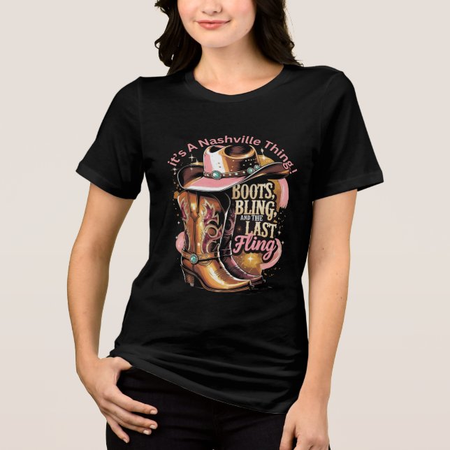 Junggeselinnen-Abschied Nashville -"Stiefel, Bling Tri-Blend Shirt (Vorderseite)