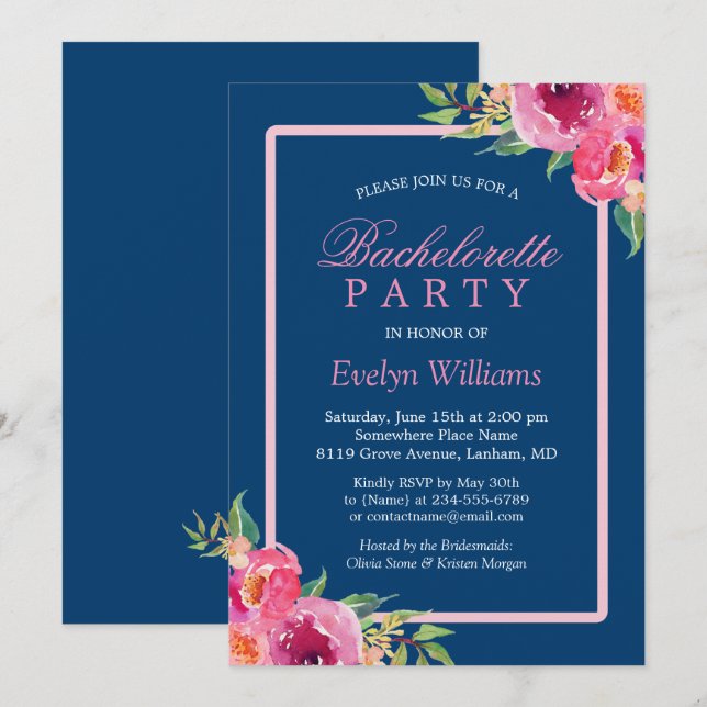 Junggeselinnen-Abschied Navy Blue Lila Pink Blume Einladung (Vorne/Hinten)