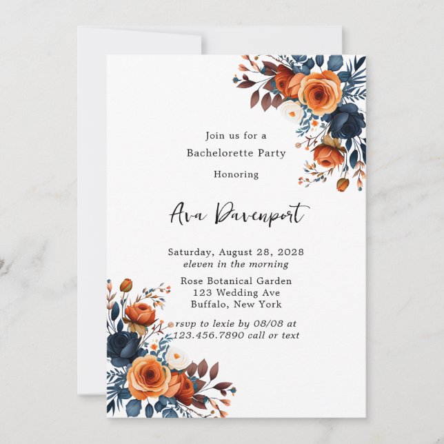 Junggeselinnen-Abschied Navy Blue und Orange Peony Einladung (Vorderseite)