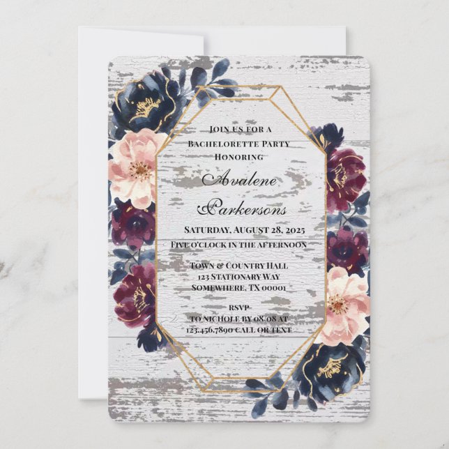 Junggeselinnen-Abschied Navy Burgundy Pink Peony W Einladung (Vorderseite)