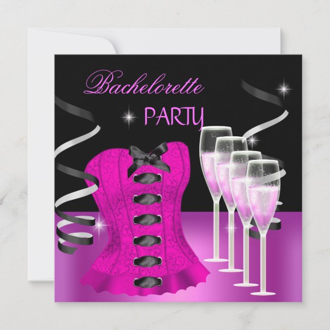 Junggeselinnen-Abschied Pink Corset Black Champagn Einladung (Vorderseite)