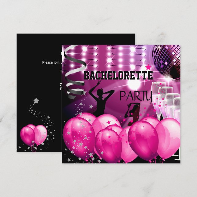 Junggeselinnen-Abschied Pink Girl Diskothek Ball B Einladung (Vorne/Hinten)
