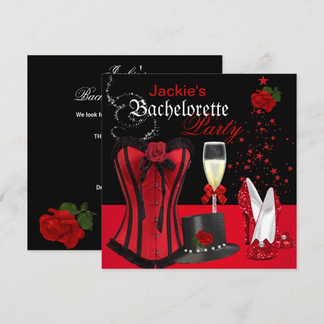 Junggeselinnen-Abschied Red Black Corset Tophat Einladung (Vorne/Hinten)