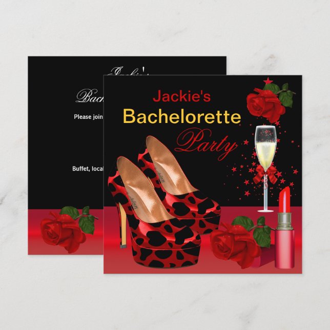Junggeselinnen-Abschied Red Black Shoes Lipstick Einladung (Vorne/Hinten)