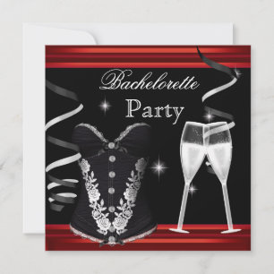 Junggeselinnen-Abschied Red Corset Black Champagne Einladung