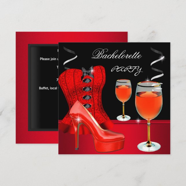 Junggeselinnen-Abschied Red Shoe Corset Black Wine Einladung (Vorne/Hinten)