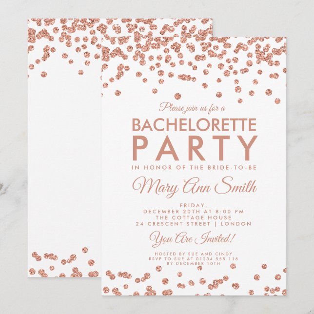 Junggeselinnen-Abschied Rose Gold Glitzer Confetti Einladung (Vorne/Hinten)