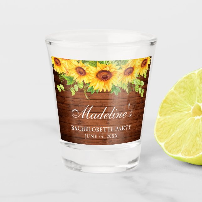 Junggeselinnen-Abschied Sonnenblumen Blumenholz Schnapsglas (Vorderseite)