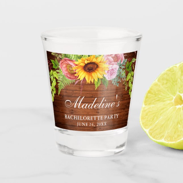 Junggeselinnen-Abschied Sonnenblumenholz Schnapsglas (Vorderseite)