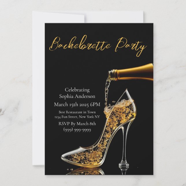 Junggeselinnen-Abschied-Stiletto und Bubbly Einladung (Vorderseite)