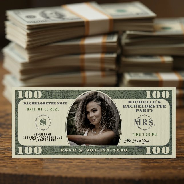 Junggeselinnen-Abschied von 100 Dollar Einladung (100 Dollar Bill Bachelorette Party Invitation
)