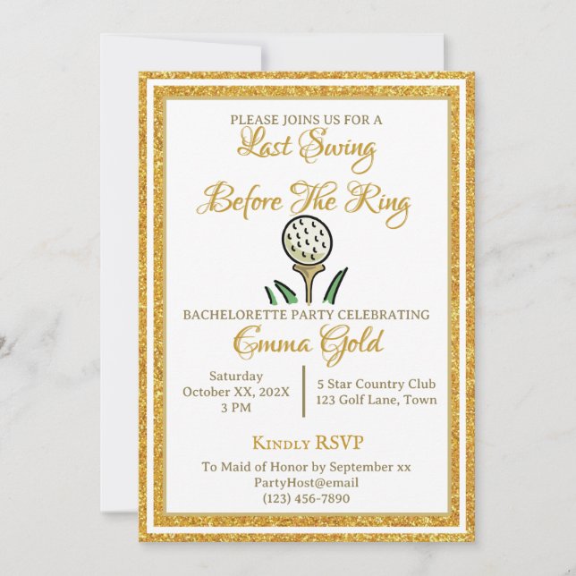 Junggeselinnen-Abschied Wedding Golf Gold Glitzer  Einladung (Vorderseite)