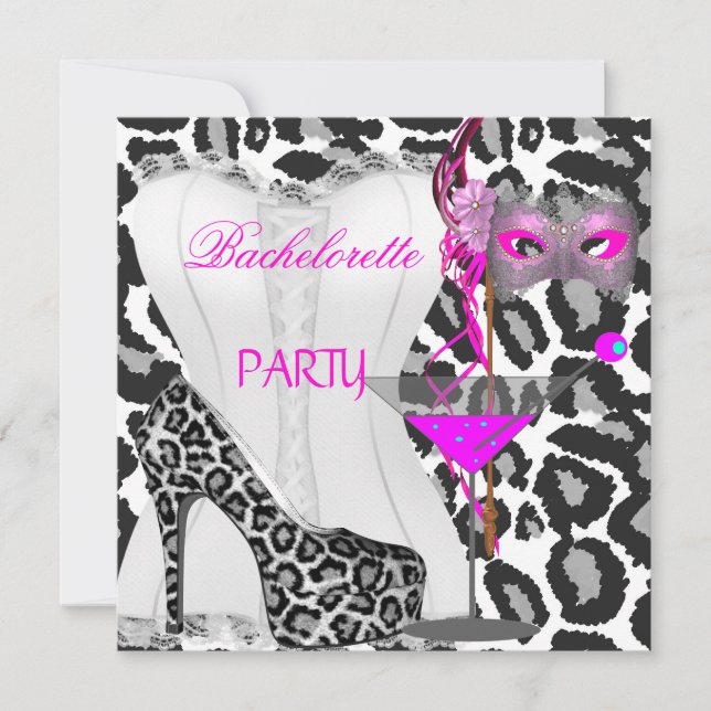 Junggeselinnen-Abschied White Corset Pink Leopard Einladung (Vorderseite)