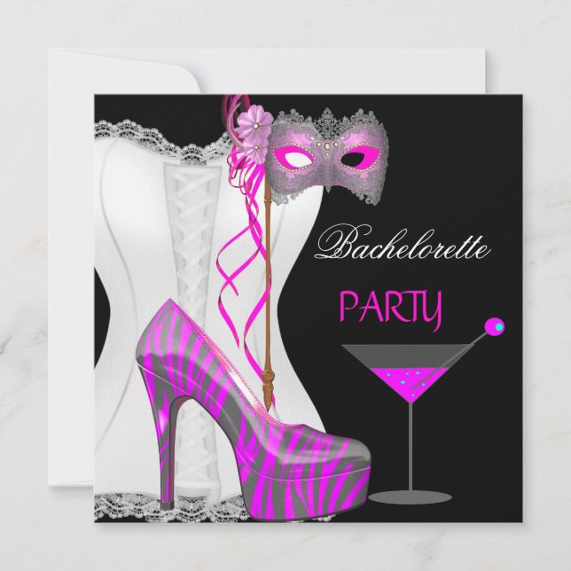 Junggeselinnen-Abschied White Corset Pink Zebra Sh Einladung (Vorderseite)