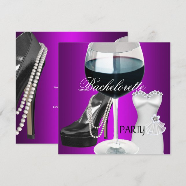 Junggeselinnen-Abschied Wine Magenta Schwarzes Kle Einladung (Vorne/Hinten)