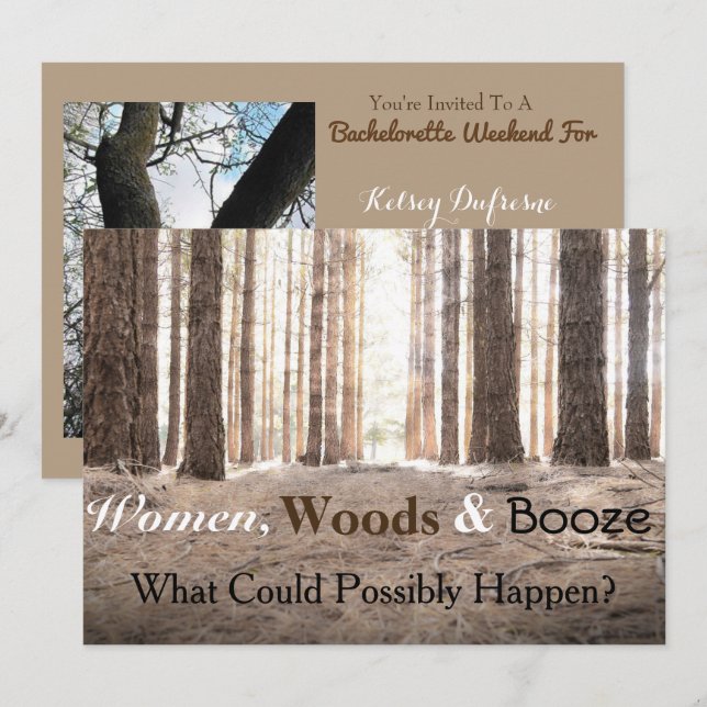Junggeselinnen-Abschied "Women Woods Booze" Einlad Einladung (Vorne/Hinten)