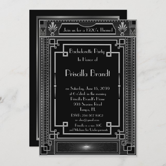 Junggeselinnen-Abschiedseinladung, großes Gatsby, Einladung (Vorne/Hinten)