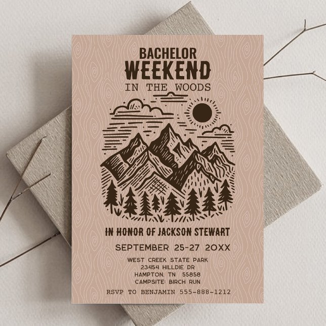 Junggesellenabschied Camping Einladung (Camping Bachelor Party Invitation with Modern Mountains)
