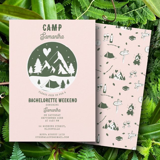 Junggesellinnen-Abschiedsparty Camping Bach Wochen Einladung (Camp Bachelorette Party Camping Bach Weekend Pink Invitation)