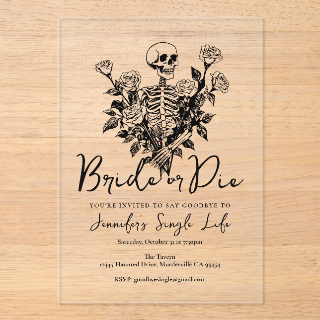 Junggesellinnenabschied Braut oder Tod Skelett Flo Acryleinladungen (Vorderseite)