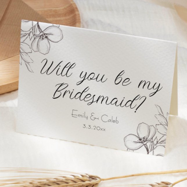 Junggesellinnenabschiede? Art der Blumenlinie Karte (will you be my bridesmaid bridesmaid proposal card black and white flowers drawn script cursive )