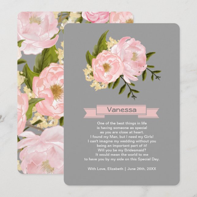 Junggesellinnenabschiede? Blush Pink Peonies Gray Einladung (Vorne/Hinten)