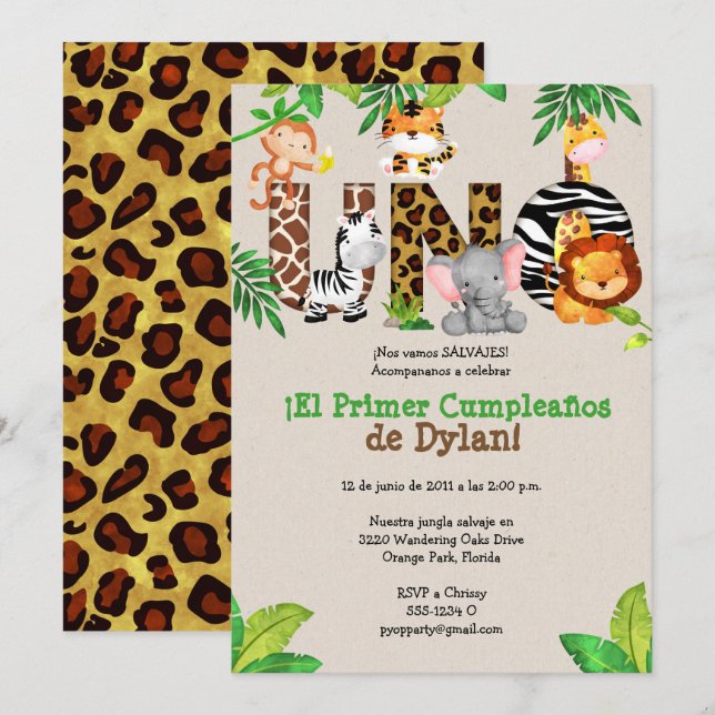 Jungle 1er anniversaire Invitations de fête - Espa (Devant / Derrière)