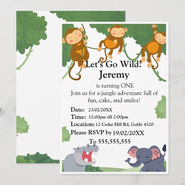 Jungle 1st Birthday Invitation | First Birthday In Einladung (Vorne/Hinten)