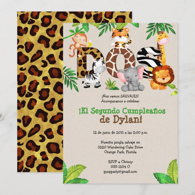 Jungle 2ème anniversaire Invitations de fête - Esp (Devant / Derrière)