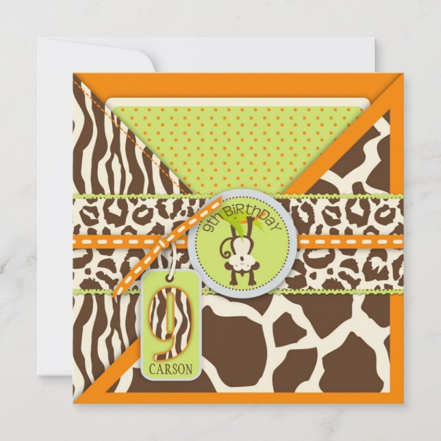 Jungle-Affe Nineth Birthday Einladung Orange (Vorderseite)