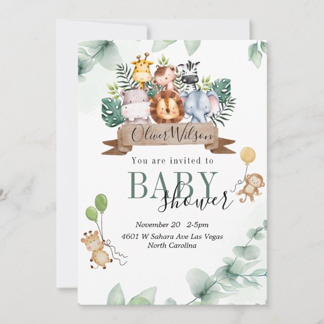 Jungle Animal Baby Dusche Einladung (Vorderseite)