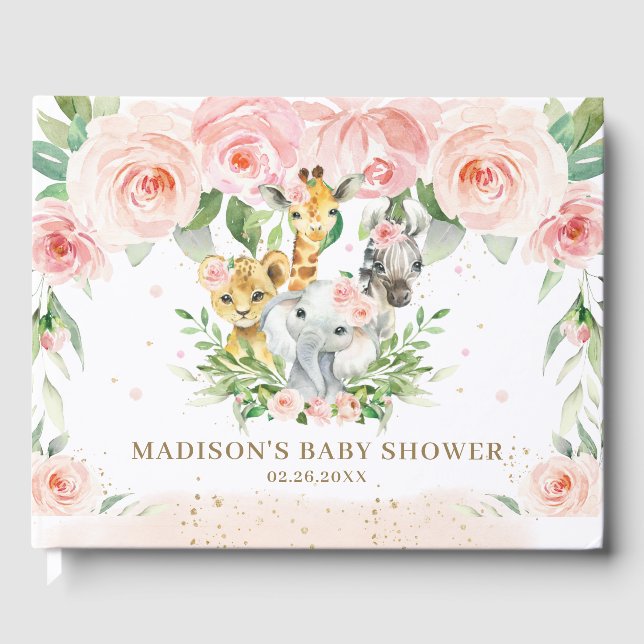 Jungle Animal Chic Blush Pink Bloral Baby Dusche Gästebuch (Vorderseite)