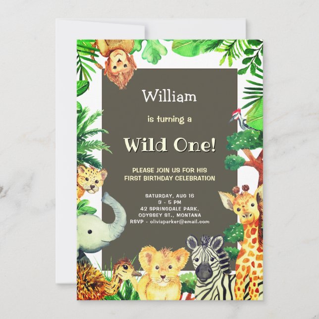 Jungle Animal Gerahmt Wild One Einladung (Vorderseite)