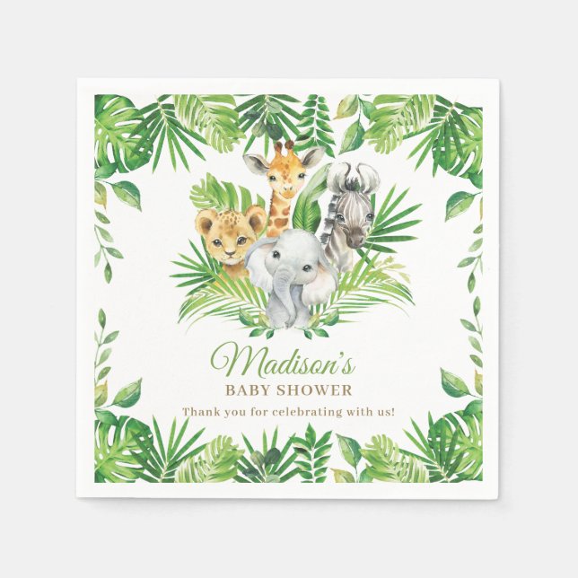 Jungle Animal Safari Grüne Neutrale Baby Dusche Serviette (Vorderseite)